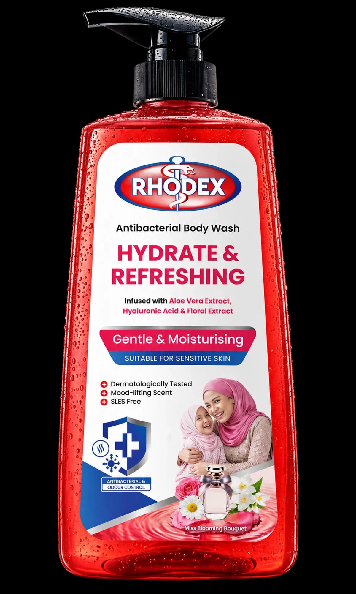 RHODEX Hydrate & Refreshing antibacterial body wash, red pump bottle
