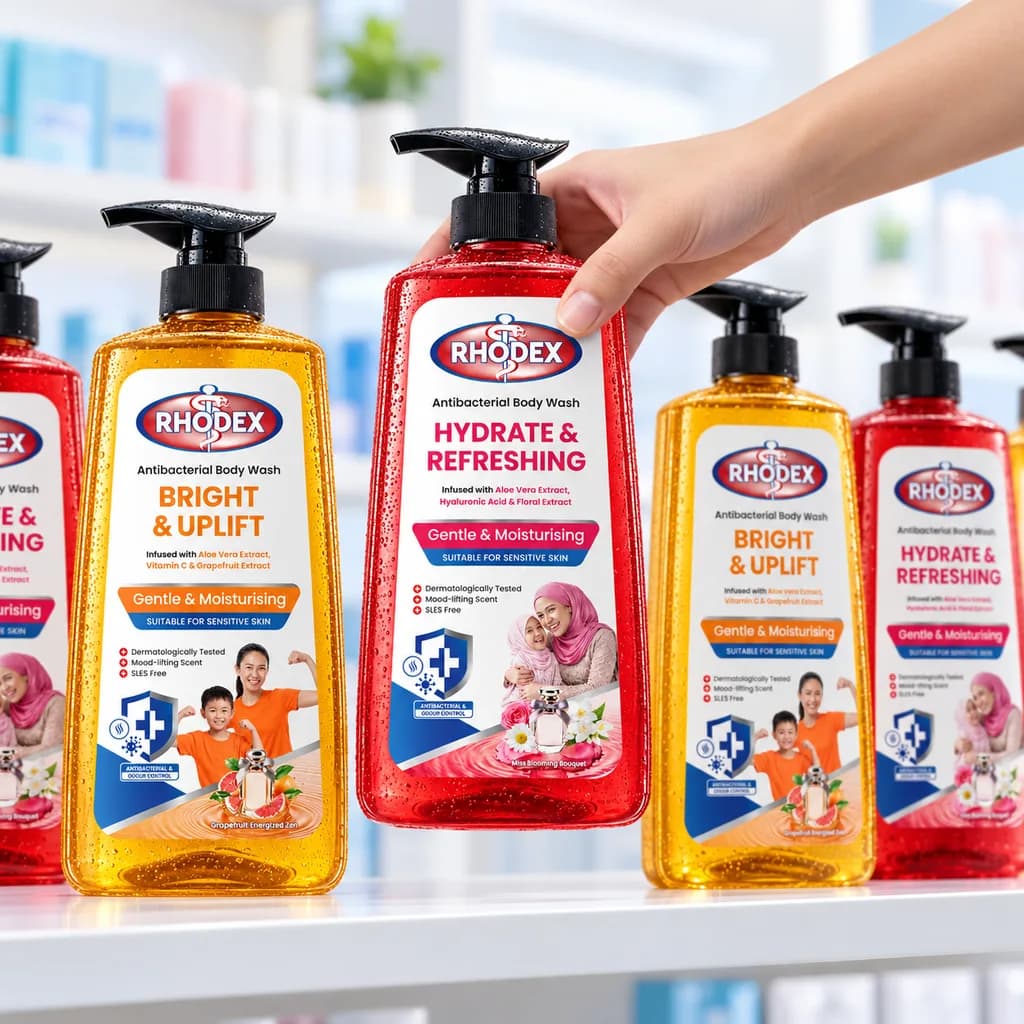 A shopper lifting a bottle of RHODEX Hydrate & Refreshing from a shelf of RHODEX body wash